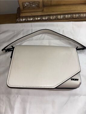 DKNY White and Black Trim Leather Flap Shoulder Bag